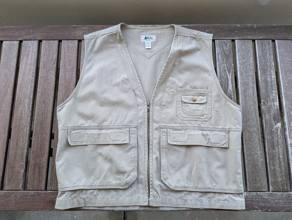 💜Vintage REI Khaki Cotton Canvas Utility Safari Vest Men’s L